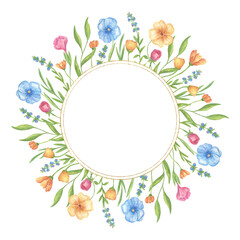 Round frame with watercolor wildflowers and greenery. Round wreath with a bright floral composition and space for text. Design of postcards, greetings, wedding invitations, and festive backgrounds