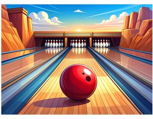 Bowling alley scene at sunset