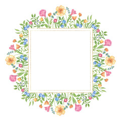 Watercolor Flower frame. Square template with hand-painted greenery, wildflowers, herbs. Banner with a floral composition and space for text. Design of postcards, greetings, and wedding invitations