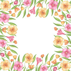 Square template with watercolor flowers, frame of pink and yellow wildflowers. Hand-drawn floral ornament with space for text. Background for postcards and greetings.