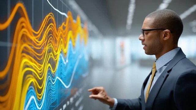 Market Insight: A sharp-suited professional in spectacles, immersed in the colorful intricacies of a financial graph display, symbolizing business acumen and analytical proficiency.
