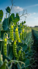 Close up of pea pods growing on a vine in a field under a blue sky on a sunny day in the countryside