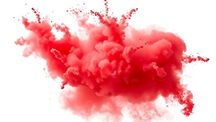 A vibrant cloud of red powder in motion against a white background with dramatic lighting.
