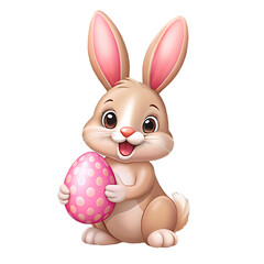 Adorable Cartoon Rabbit Holding a Pink Polka Dot Easter Egg easter bunny cute animal isolated on a transparent background