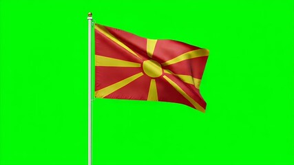 Dynamic North Macedonia flag waving proudly against vibrant green screen background for patriotic displays and national pride projects