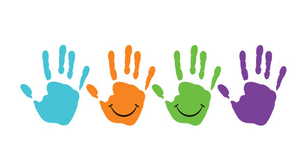 Fototapeta premium Colorful handprints with smiley faces represent diversity and joy in early childhood education.