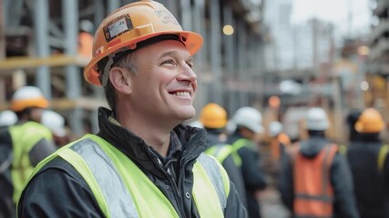 Construction Worker's Pride and Joy: A focused construction worker in a vibrant orange helmet is captured in a shot that underscores optimism, skill, and dedication at a dynamic construction site