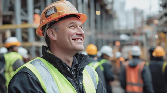 Construction Worker's Pride and Joy: A focused construction worker in a vibrant orange helmet is captured in a shot that underscores optimism, skill, and dedication at a dynamic construction site