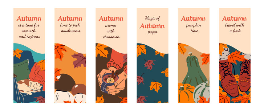 A set of vector bookmarks with cozy autumn elements: leaves, pumpkins, boots, cinnamon drink, a cat under a blanket, and mushrooms. A bright fall design for printing. Vertical format.
