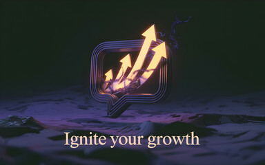 Glowing arrows rising inside a metal speech bubble on a textured surface against a dark background