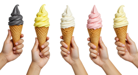 Six diverse hands, varying skin tones, gently presenting vibrant charcoal, lemon, vanilla, strawberry, chocolate, and mango soft-serve in crisp waffle cones on white. Concept of joyful dessert