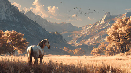 3d mural wallpaper with majestic horse and golden trees against colorful mountain landscape, featuring golden sun and flying birds on modern artistic background, perfect for frame canvas prints and el