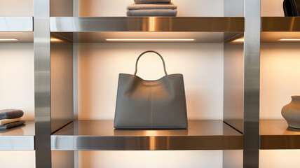 A gray leather tote bag displayed on a metal shelf with other items in a well lit retail space