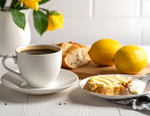 Breakfast scene with coffee, bread, and lemons