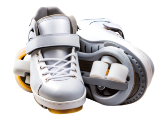White roller skate shoes with yellow wheels isolated on a transparent background