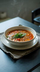 A steaming bowl of lentil soup garnished with fresh parsley on a white plate and linen napkin
