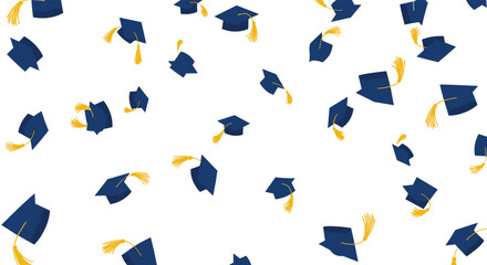 Celebratory graduation caps flying in the air against a white background marking academic achievement and future success.