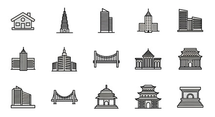 Fototapeta premium Collection of Architectural Line Icons: Houses, Skyscrapers, Bridges, and Temples