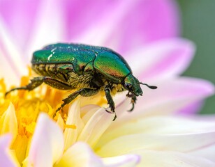 Naklejka premium Close-up of a metallic green beetle on a flower