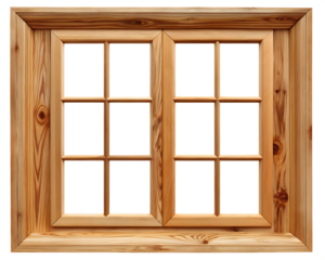 Wooden cabin window with eight panes isolated on a transparent background rustic