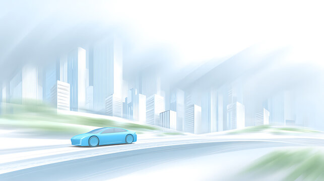 A blue car drives on a curved road toward a futuristic city skyline in a misty, abstract urban landscape.