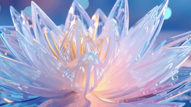 close-up of blooming pink lotus made of ice and with internal light; pastel, unicorn warm color winter scenery