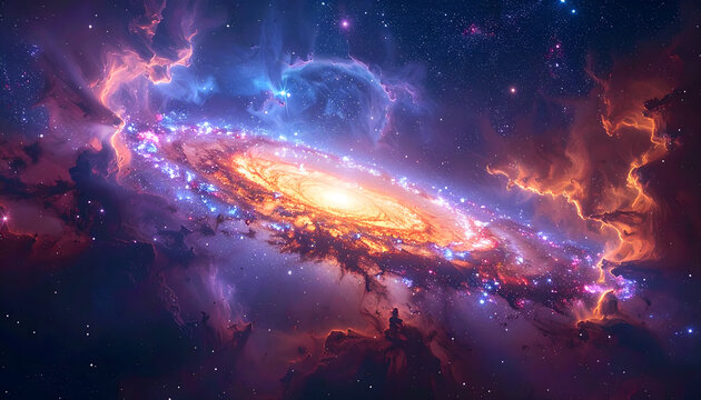 A vibrant, swirling galaxy with a bright central core surrounded by colorful nebulas and clusters of stars in a vast, cosmic expanse.