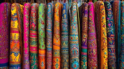 Vibrant Hindu sarees with traditional patterns hanging