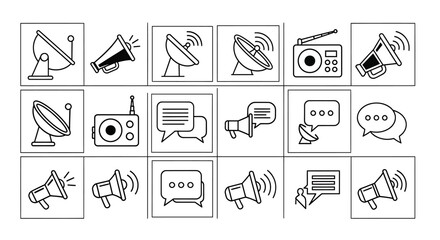 Communication Icons: Satellite Dishes, Megaphones, and Speech Bubbles