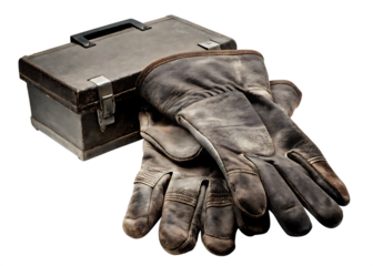 Worn leather work gloves and metal toolbox isolated on a transparent background leather gloves