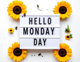 Bright sunflowers, bees, and "Hello Monday" sign