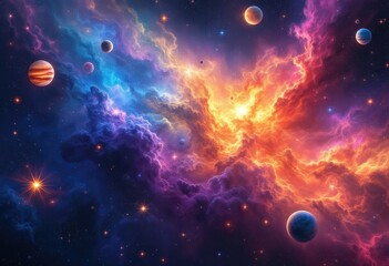 Vibrant Cosmic Nebula with Planets and Stars.