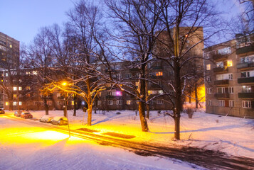 Atmospheric twilight street scene in downtown Riga.