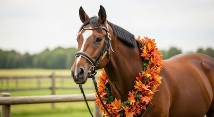 Obraz premium An Elegantly Adorned Brown Horse with an Autumn Leaf Garland Standing in a Serene Pastoral Landscape, Showcasing Its Grace and Beauty