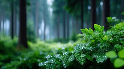 Fototapeta premium Lush Green Forest Floor with Dew Covered Leaves in Sunlight Foreground and Blurry Dark Tree Trunks