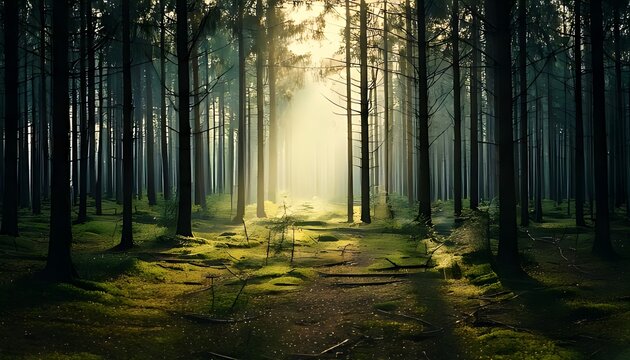 Sunlit path in a dense forest