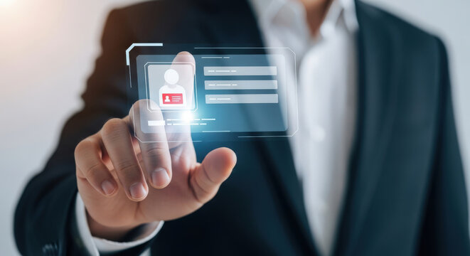 Interactive Digital Identity Verification Interface with Biometric Authentication and Secure Access Control on a Transparent Touchscreen Display for Modern Security