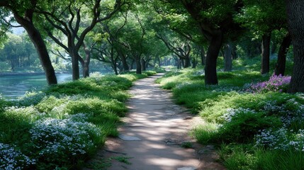 Fototapeta premium Lush Green Forest Pathway with Sunlight Filtering Through Trees and Floral Ground Cover in Serene Atmosphere