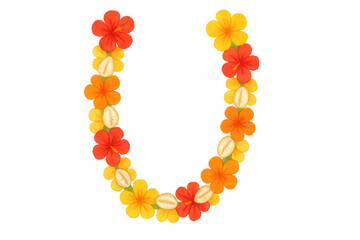 Floral horseshoe lei illustration with hibiscus and plumeria flowers, traditional greeting decoration