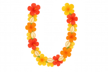 Floral horseshoe lei illustration with hibiscus and plumeria flowers, traditional greeting decoration