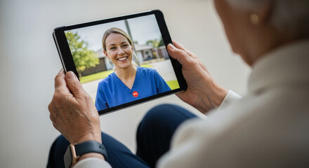 Senior patient smiles during virtual doctor consultation on tablet, receiving compassionate care remotely from a friendly nurse.