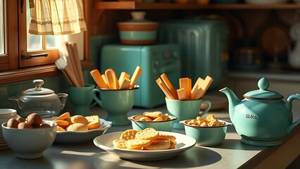 Vintage kitchenware holding handcrafted snacks, bathed in warm nostalgic light.
