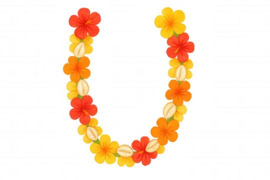 Floral horseshoe lei illustration with hibiscus and plumeria flowers, traditional greeting decoration