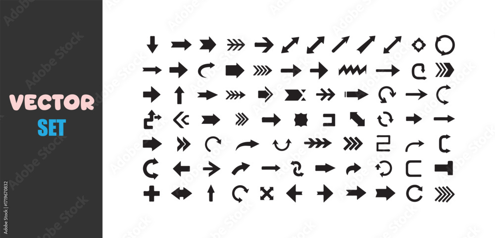 Poster collection of diverse arrow icons and symbols for direction and navigation