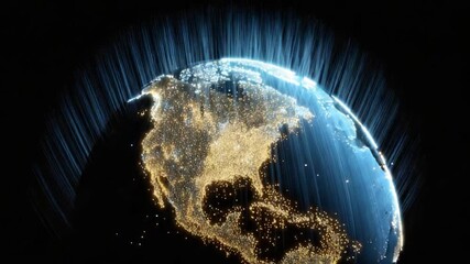 Digital earth globe spinning in space with glowing city lights of North America. Light rays emanate from the planet, visualizing global data transfer, communication, and technological networks - Powered by Adobe