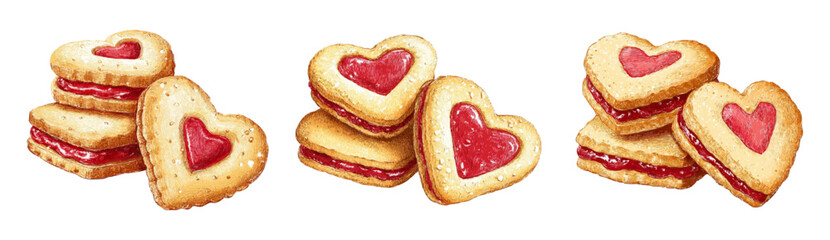 Watercolor set of cookies with hearts. Puff pastry sandwich cookies with berry filling. Romantic desserts for Valentine's Day. Sweets with hearts and romantic symbols. Vector illustration.