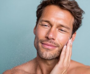 Obraz premium A man applies facial cleanser, displaying a serene and healthy skin care routine against a soft, light teal backdrop.