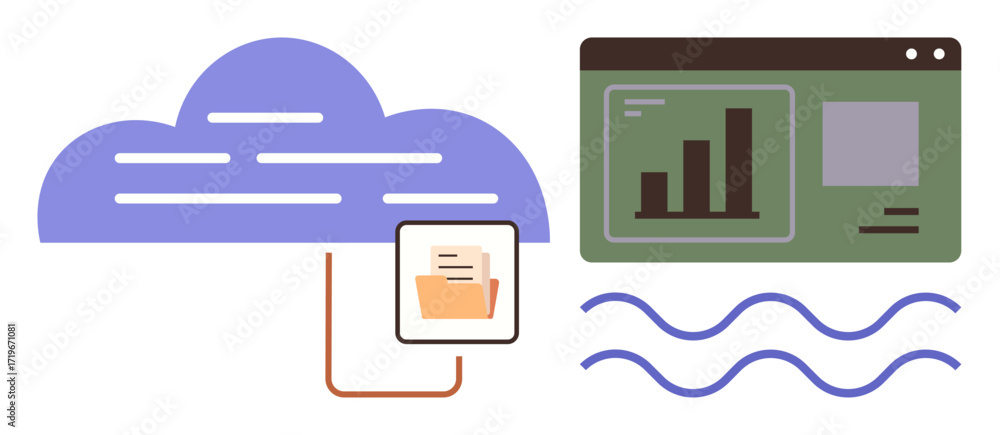 Aufkleber cloud syncs data folder to online analytics dashboard with bar graphs, lines, and waves. ideal for t