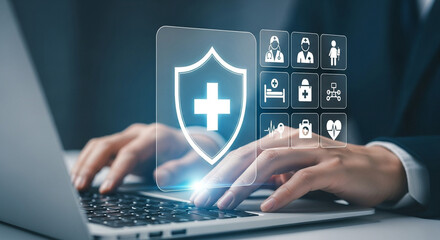 Modern healthcare technology concept with digital shield icons and professional using laptop for medical innovation and patient care