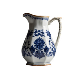 Elegant white and blue porcelain pitcher isolated on transparent background